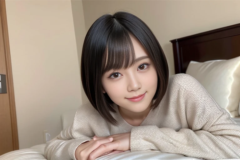 (highest quality: 1.5)、(Real: 1.5)、(1 person: 1.5)、(On all fours姿勢)、(On all fours)、cuteポーズ、Very detailed、High resolution、Small breasts、Natural color lips、Cute smile、Japanese women、20 year old girl、Beautiful and elegant face、cute顔、cute目、Big eyes、Beautiful and elegant face、Natural Bangs、Beautiful and thin nose、Beautiful Skin、Chestnut Hair、Medium Bob Hair、Short Hair、Natural Bangs、Perfect and beautiful face、Slim face and figure、（Looking at the camera）、Bright lighting、Professional Lighting、 Lighting from the front、Natural smile、Cute woman lying on the bed in the bedroom、Beautiful clavicle、cute胸の谷間、Natural smile、cute、A lace bra is slightly visible through a low-cut sweater、mini skirt、Cute hip line、
