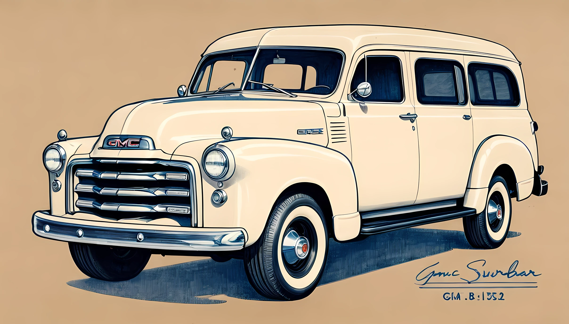 monochrome pencil drawing ,blueprint ,1952 GMC Suburban CarryAll, on kraft paper, highly detailed