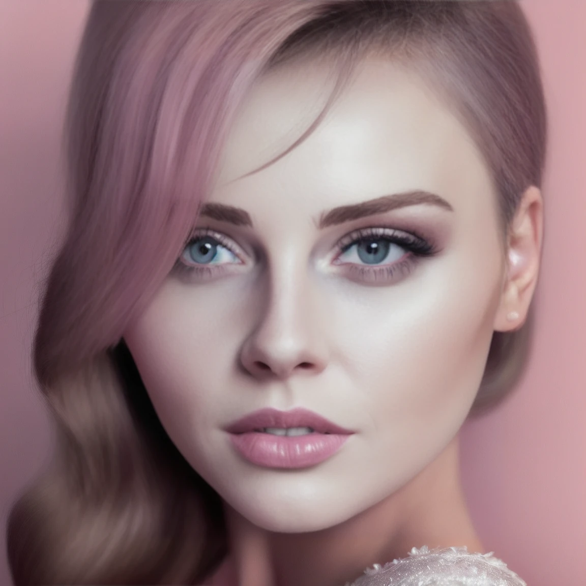 Realism beautiful woman Realism background Realism 32k 3d woman beautiful sexy plus size body. (((ultra realistic))) Photo, masterpiece, top quality, (pale skin), (Ultra detailed face and eyes:1.3), 1 girl, Adult, In Lifchik, ((Eye makeup, pink mascara)), ((large detailed lips)).