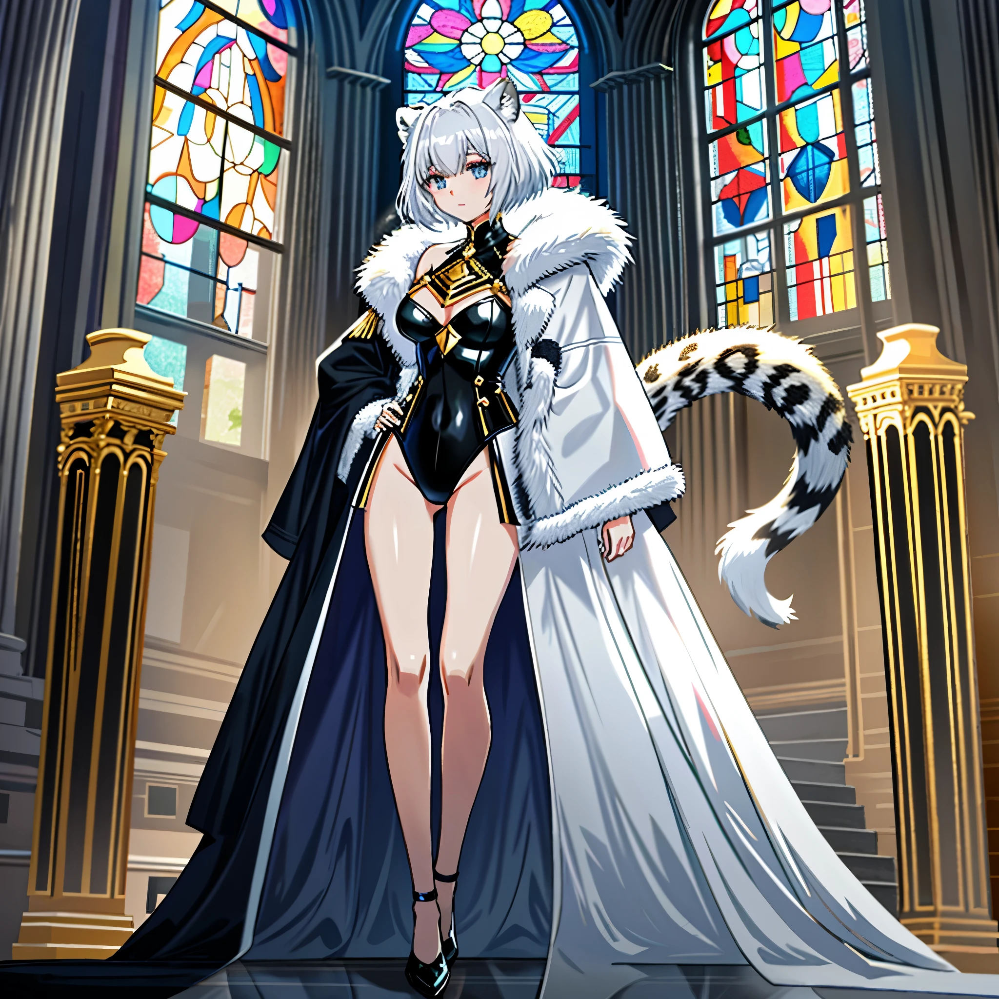 **SeaArt AI Illustration Prompt**
- **Character**: A single woman, a beautiful 23-year-old snow leopard beastman.
- **Physique**: Slim and elegant.
- **Skin Color**: Fair (light skin tone).
- **Outfit**: A form-fitting, slightly sheer mix of a black leotard and dress.
- **Outfit Color**: Predominantly black with gold accents.
- **Hairstyle**: Short hair, white (silver) color.
- **Hair Color**: White (silver).
- **Kemomimi and Tail**: Characteristics of a snow leopard.
- **Smoking**: None.
- **Emotion**: A confident expression and posture.
- **Movement**: Standing with one hand on her chest, the other on her hip, left leg bent, right leg extended.
- **Background**: A spacious hallway with large pillars and stained glass windows.
- **Lighting**: Light streaming in from the stained glass windows and pillars.
- **Style**: High-resolution official artwork or very detailed and intricate fan art style trending on ArtStation or Pixiv.
- **Quality**: Aim for absurd, highest quality, real, hyper-real, ultra-detailed illustrations using the golden ratio 1.2 and drafting board 1.3. Create a beautiful masterpiece with a large file size in ultra-high resolution created at 64K.