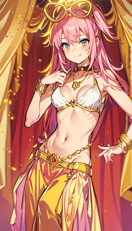 A smug narcissistic pink haired goddess wearing a golden bra and golden pants and lots of jewelry covering every part of her body with gold gems and all kinds of jewelry flaunting herself showing off
