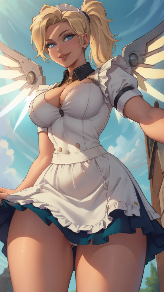 1 girl,(solo), (cowboy shot:1.4), (masterpiece:1.2), (best quality:1.2),looking at viewer,dynamic pose, (ultra detailed),realistic, perfect eyes,blue eyes,short blonde hair,high short ponytail,Mercy,wings,crop top, curvy,(from below:1.3), (skirt lift),sfw,smile, cartoon, ,(maid)