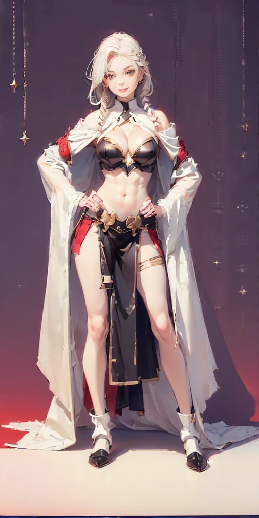 (((Plain background 1:2))) (masterpiece, high quality: 1.1) 1girl full body standing, hairstyle with a braid, white colored hair, yellow eyes, perfect lighting, muscular, thighs, mature woman, mummy, bellybutton, abs, looks at the viewer smile RED CHEEKS, extremely huge breasts, maternal, porcelain skin, extra very long hair, sparkly skin, good face, chest cover, HANDS ON HIPS