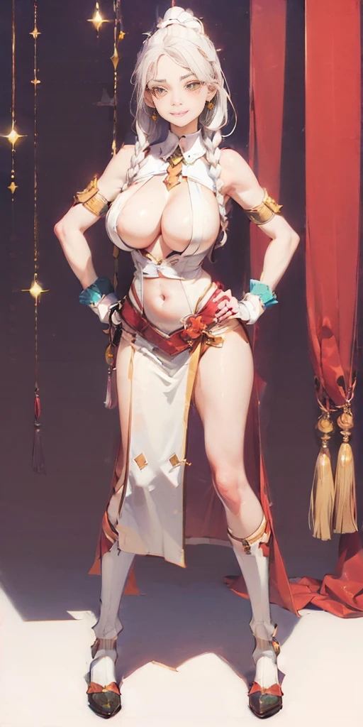 (((Plain background 1:2))) (masterpiece, high quality: 1.1) 1girl full body standing, hairstyle with a braid, white colored hair, yellow eyes, perfect lighting, muscular, thighs, mature woman, mummy, bellybutton, abs, looks at the viewer smile RED CHEEKS, extremely huge breasts, maternal, porcelain skin, extra very long hair, sparkly skin, good face, chest cover, HANDS ON HIPS