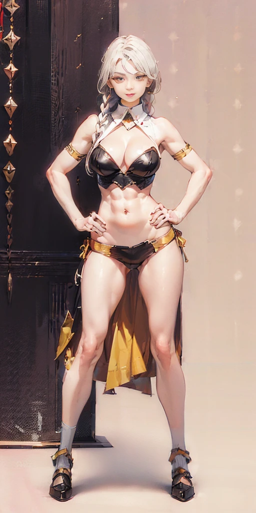 (((Plain background 1:2))) (masterpiece, high quality: 1.1) 1girl full body standing, hairstyle with a braid, white colored hair, yellow eyes, perfect lighting, muscular, thighs, mature woman, ?????, bellybutton, abs, looks at the viewer smile RED CHEEKS, extremely ????????????, maternal, porcelain skin, extra very long hair, sparkly skin, good face, ????? cover, HANDS ON ????