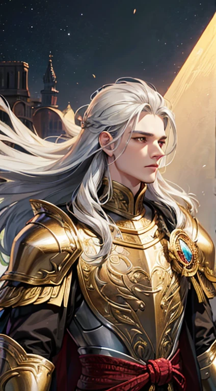 A man, silver hair, gold Eagle knight, fine armor, intricate design, red details, silk, cinematic lighting, 4k, floating hair, sharp, prism, shining knight