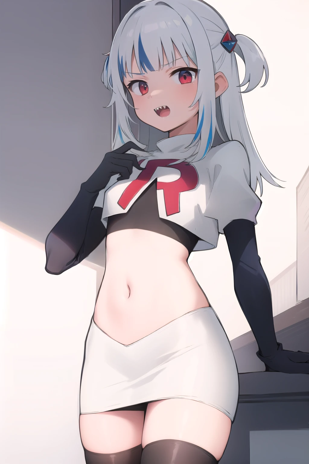 gawr gura, 1girl,solo, small breasts, gray hair, hair ornaments,two side up, streaked hair, sharp teeth, team rocket,team rocket uniform,white skirt,red letter R,crop top,black thigh-highs,black elbow gloves
