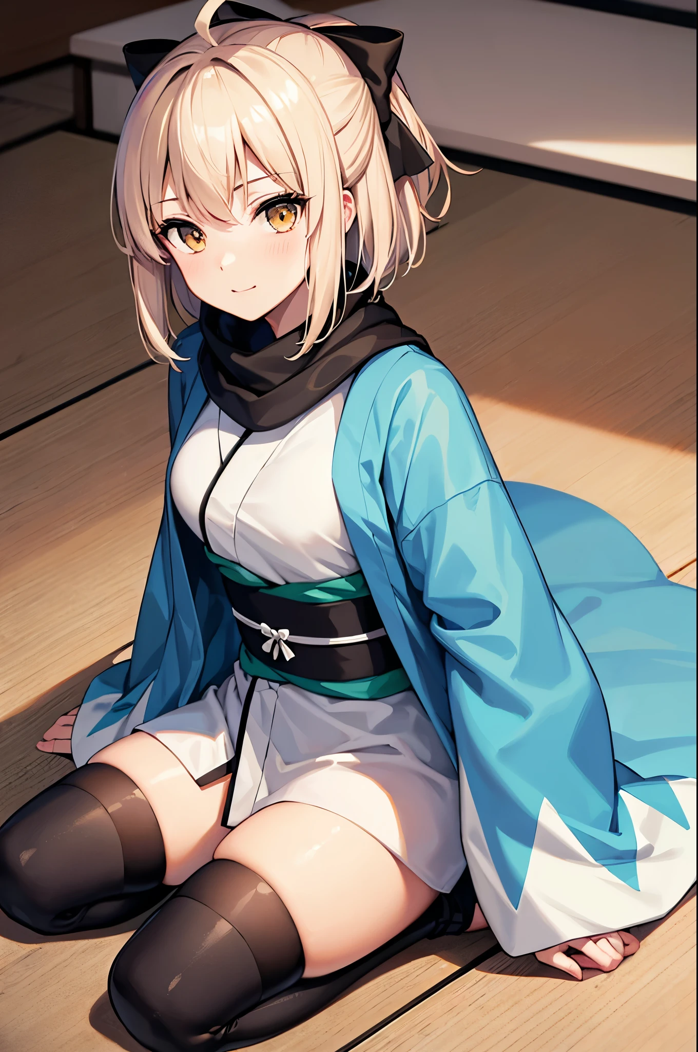 (masterpiece, best quality:1.2), expressive eyes, perfect face, highres, 1girl, solo, OkitaSouji, arm guards,wide sleeves,toeless legwear,bangs,obi, white kimono, shinsengumi, black thighighs, yellow eyes,thighhighs , short kimono, haori, black bow, black scarf, short hair, ahoge, scarf, blonde hair, hairbow,bow, kimono,japanese clothes, sittingon floor, knees up, portrait, looking at the viewer
