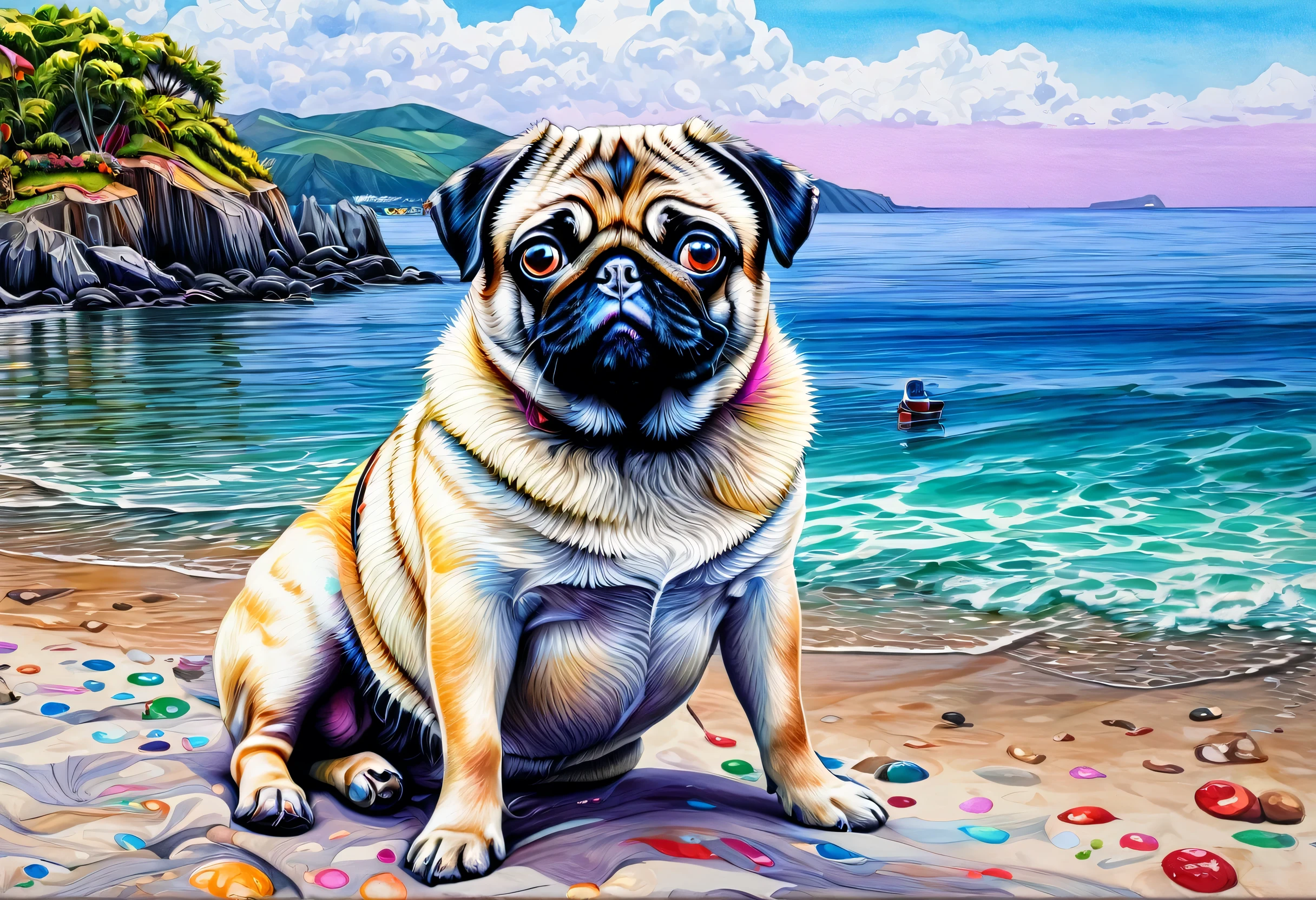 A whole-body drawing of an adorable pug with colorful face and eyes, Pug enjoying vacation,Detailed painting 4k, Beautiful Art UHD 4K, Art by Alessandro Pautasso, Rendered in high resolution, Vadim Kashin. Ultra-realistic, Colourful and detailed,The background is the coast、 Detailed 4K painting, In the picture of the cat, Painted in vibrant watercolors, Great art works, Great art
