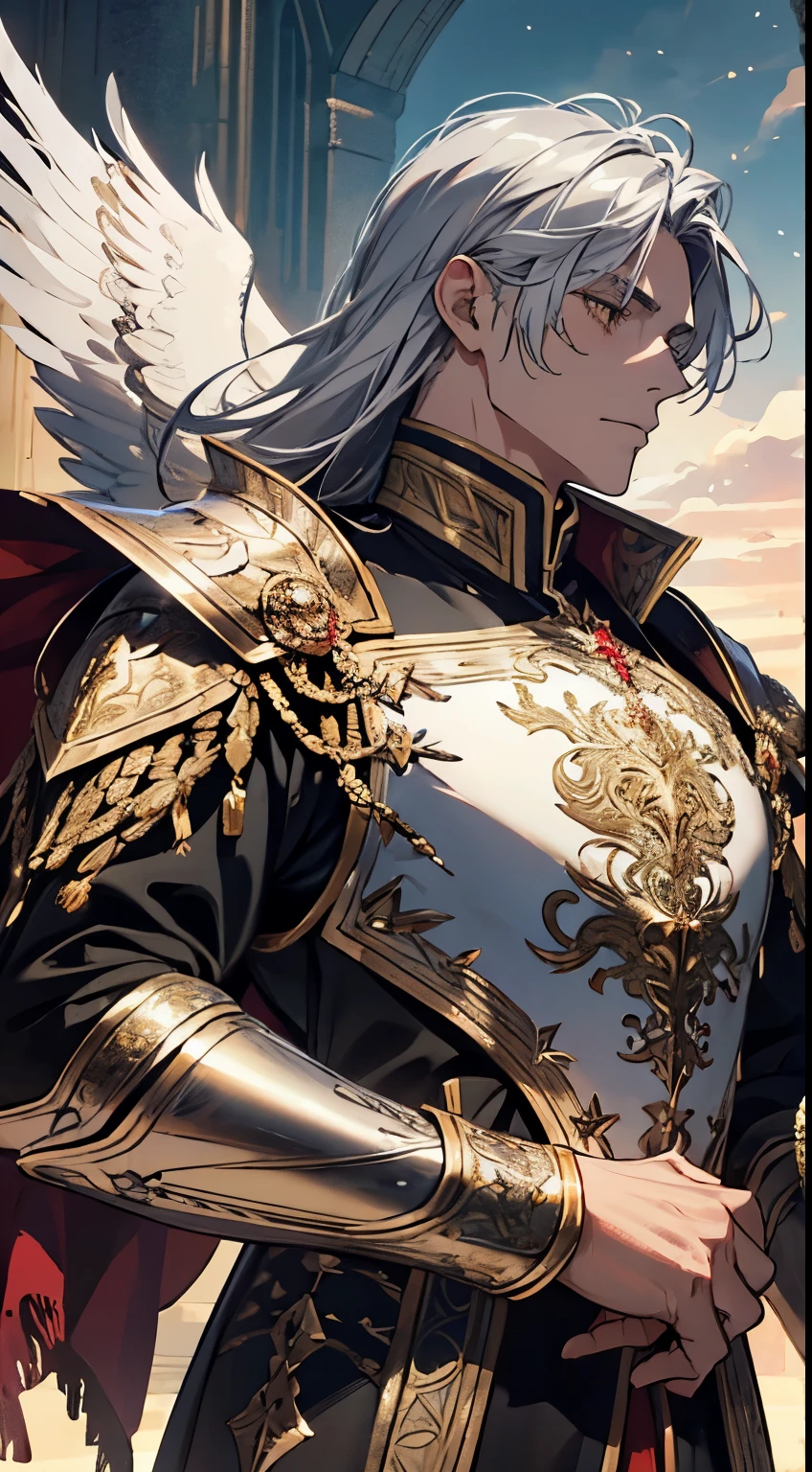 A man, silver hair, gold Eagle knight, fine armor, intricate design, red details, silk, cinematic lighting, 4k, floating hair, sharp, prism, shining knight