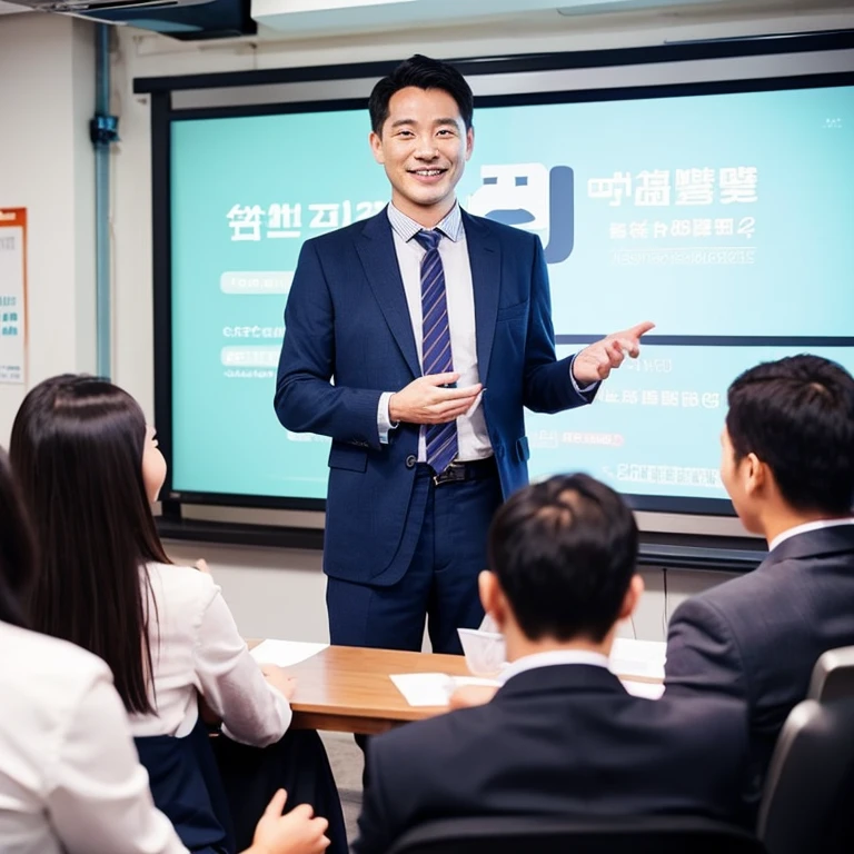 Management training seminars。In front of about 10 small business owners and employees、A 40-year-old male management consultant lecturer in a suit is giving a lecture with a smile。 