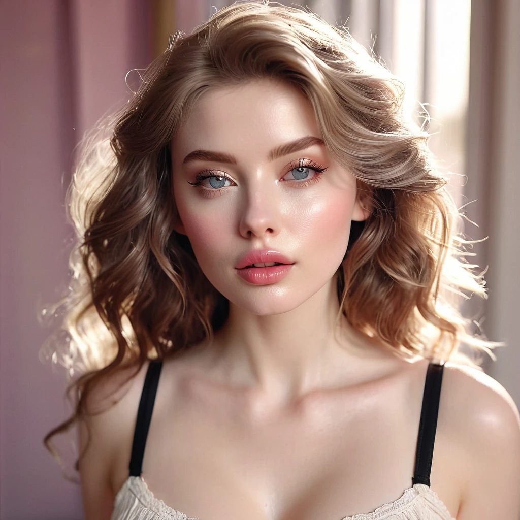 (((ultra realistic))) Photo, masterpiece, top quality, (pale skin), (Ultra detailed face and eyes:1.3), 1 girl, Adult, in a T-shirt, full body, (Eye makeup, mascara) , ((large detailed lips)), ((ash wavy hair)), ((Chyolka)) , (Natural breasts), Slim waist. ((Posing)), photoshoot, studio (soft lighting), (The play of light and shadows), depth of field, bokeh, (special attention to skin detail: 1.2), Detailed leather texture, skin pores. (Airy atmosphere of the frame. Color range - delicate, Bright, white, Pink tones), UDR, ((Film grain)), ((rays)), ((glare of the sun)), ((waist up portrait, close to the camera)) , ultra detialed, 
