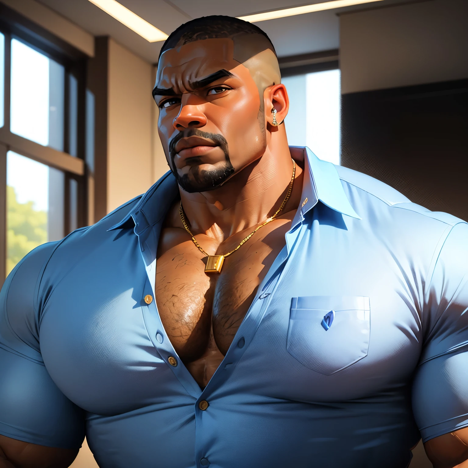an exaggeratedly muscular and large bodyguard, beefy build, hefty, goatee, dark-skinned african american male, buzzcut hair with square line, (suspicious expression: 1.2), (wearing blue casual business shirt: 1.2), small company badge on shirt, (bara pecs: 1.3), beefy pecs, gold earrings, small gold necklace, arm tattoo, (arm and chest hair: 1.1), portrait HD, (fluorescent bright business office with large windows)