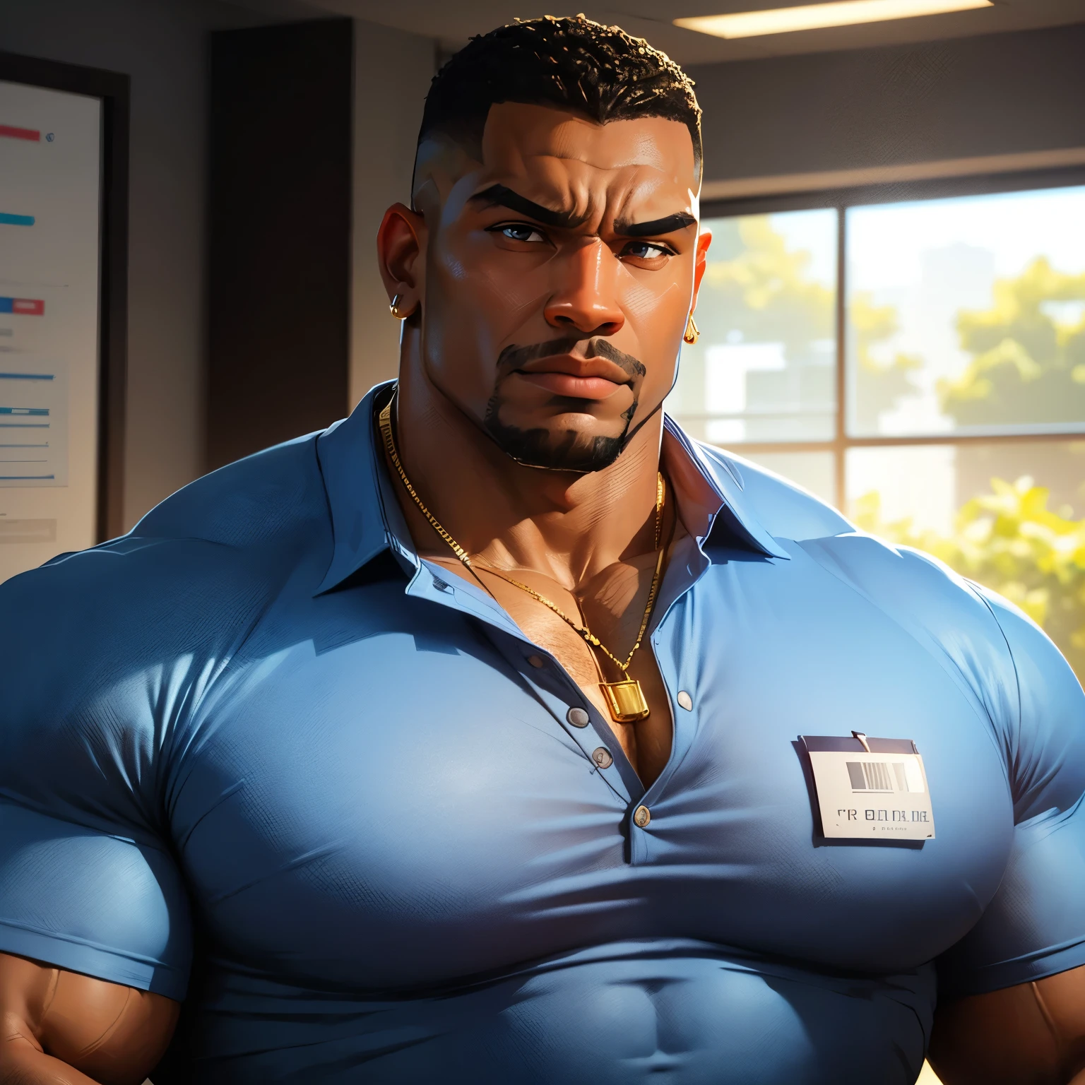 an exaggeratedly muscular and large bodyguard, beefy build, hefty, goatee, dark-skinned african american male, buzzcut hair with square line, (suspicious expression: 1.2), (wearing blue casual business shirt: 1.2), small company badge on shirt, (bara pecs: 1.3), beefy pecs, gold earrings, small gold necklace, arm tattoo, (arm and chest hair: 1.1), portrait HD, (fluorescent bright business office with large windows)