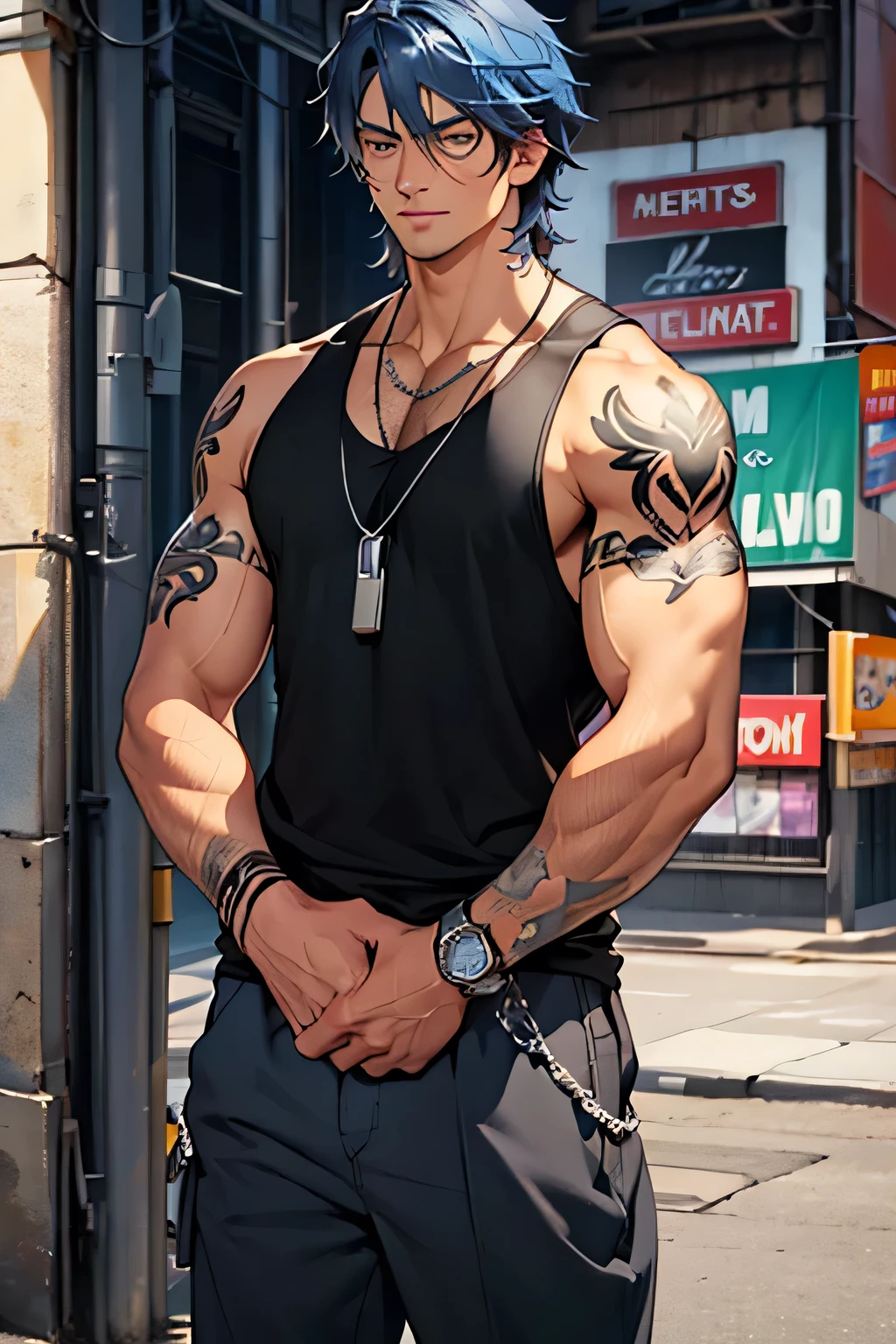 Age: 38, Height: 6'1", Ethnicity: American-Italian, Eye Color: Blue, Hair Color: Dark, Hair Style: Shoulder-length, shaggy, Style of Clothing: Casual, often sporting dress pants, a black tank top, and wearing a silver chain necklace, Defining Features: Slightly tanned complexion, full-sleeve arm tattoo