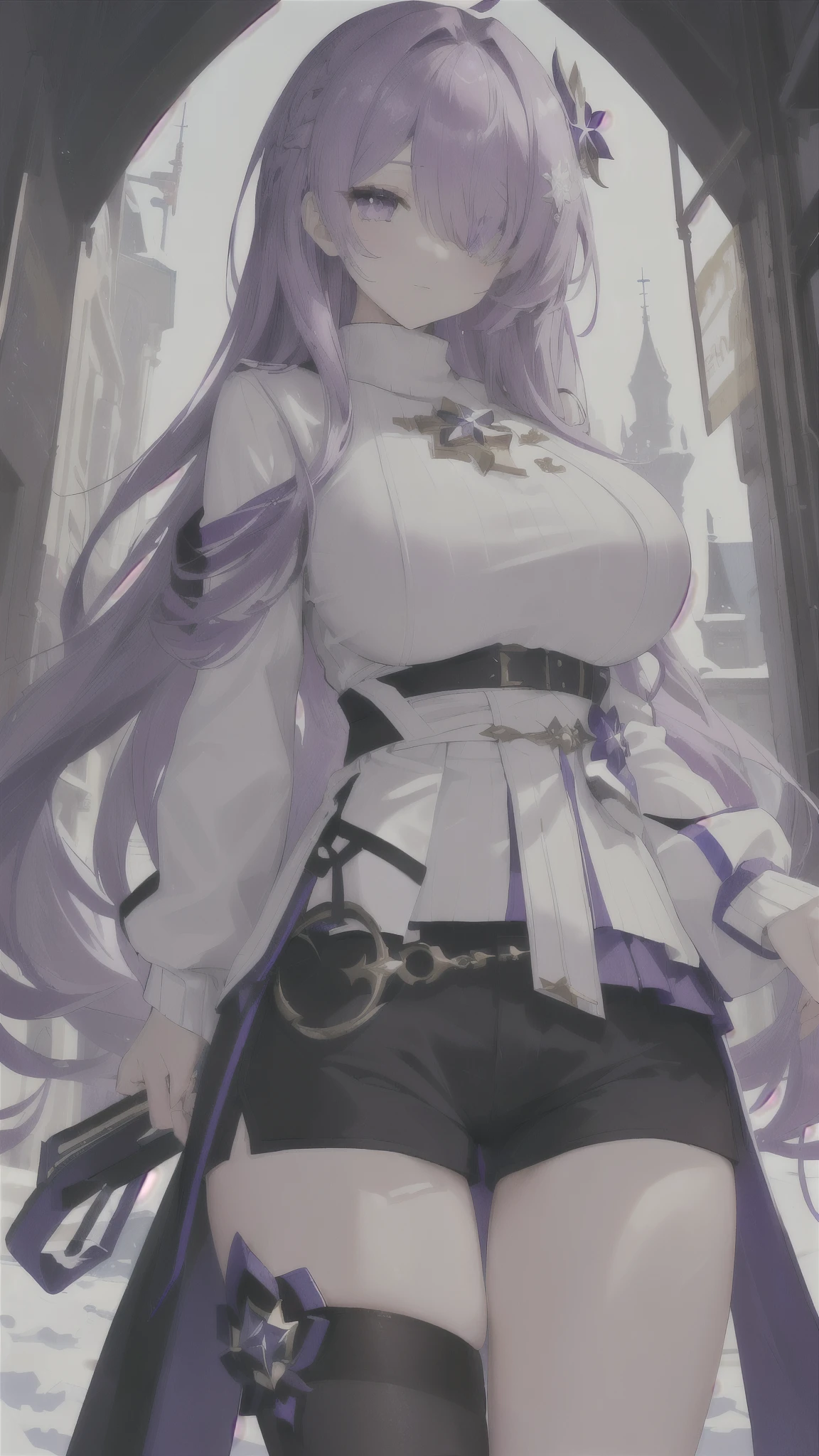 (masterpiece, top quality, best quality, official art, beautiful and aesthetic:1.2),(8k, best quality, masterpiece:1.2), (((masterpiece))),(((best quality))),(((extremely detailed))),illustration,who, (masterpiece, top quality, best quality, official art, beautiful and aesthetic:1.2),(8k, best quality, masterpiece:1.2), (Masterpiece, Best quality, best shadow), (detailed background), 1girl, One, girl, Honkai: star rail, Acheron, purple hair, long hair, shorts, one eye hidden behind hair, hair over one eye, purple eyes, White wool sweater、a miniskirt、Black thick pantyhose、Snow boots、beautiful thigh、big breasts thin waist
