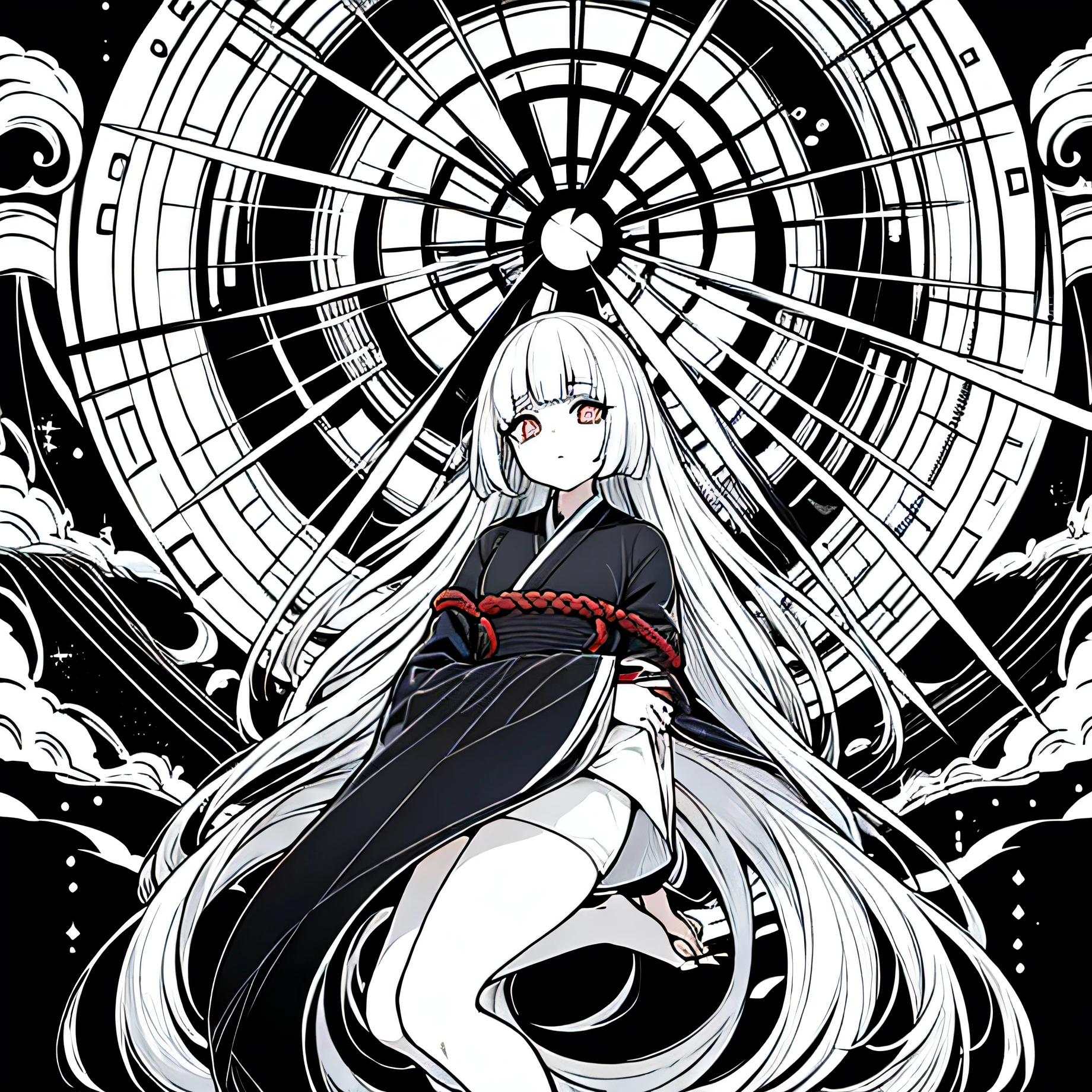 Uma mulher japonesa e exorcista, com cabelos ondulados e castanhos claro, olhos azuis e roupa amarela e preta.