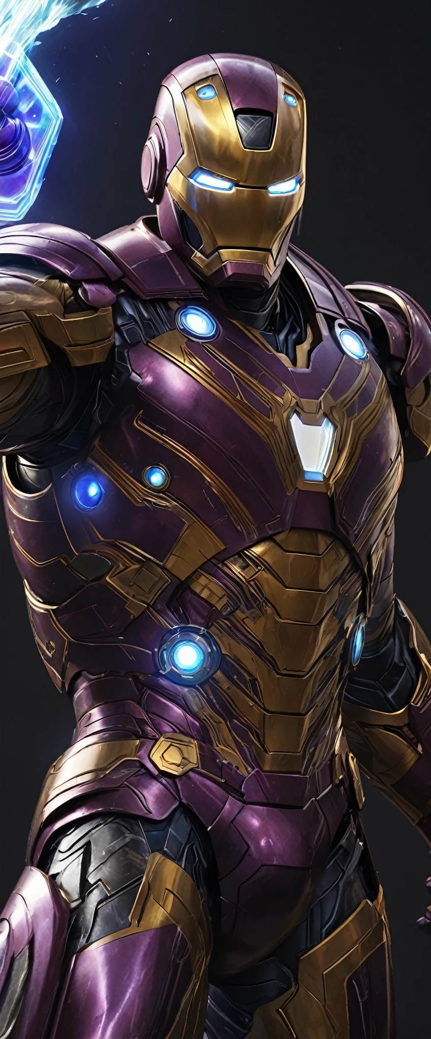 A breathtakingly realistic:1.0, hyper-realistic:1.2 illustration of Iron Man from Marvel, meticulously crafted with intricate detail. Adorned with the Infinity Stones and wielding Thor's legendary hammer, Mjolnir, the Iron Man suit gleams in gold, purple, and neon blue armor. Intricate designs adorn the armor's surface, with each line and curve carefully rendered. The Infinity Stones glow brightly on his chest, casting an ethereal light upon his metallic form. Thor's hammer seems to be seamlessly fused with the suit, its powerful cosmic energy emanating from the illustration. (In the background the Avengers symbol outlined and etched in white plasma:1.2).