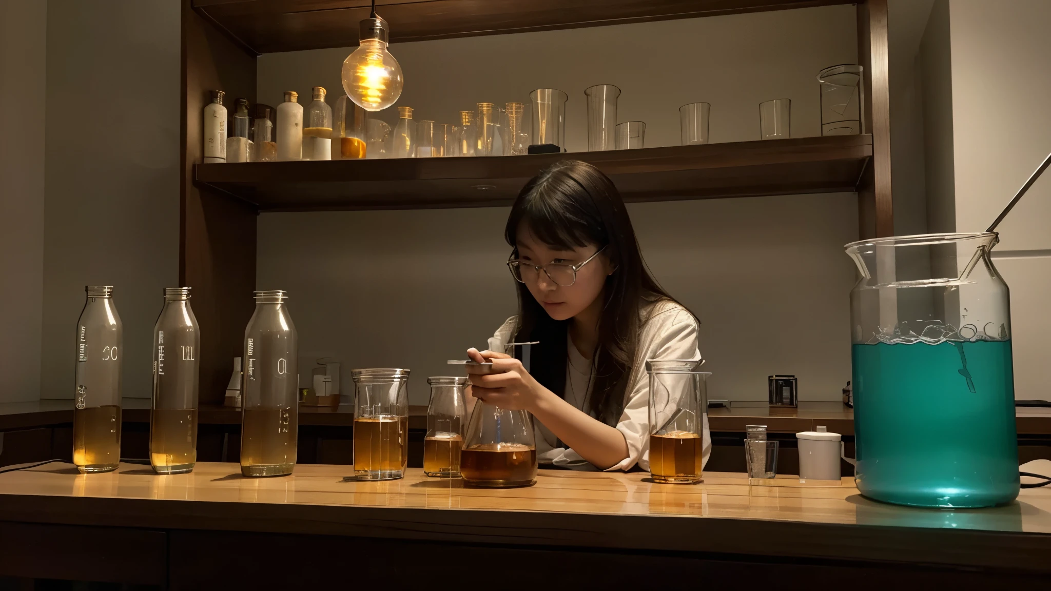 Horizontal long table, test tubes, beakers, containers, alcohol lamps, in the middle is a large container, behind Zhuo there are people, three scientists, studying chemistry, with molecular models in the background