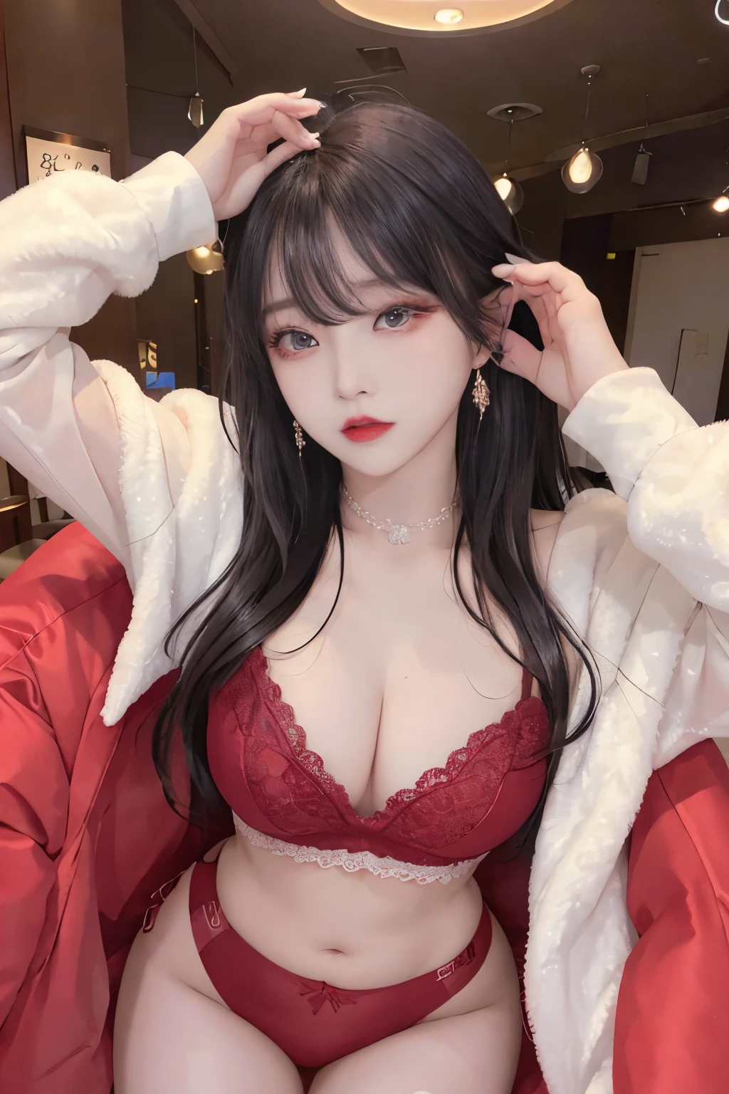 Top image quality、Raw photography、A high resolution、20-year-old cool Korean、big round chest、silk jacket、sexy red lace underwear、Beautiful Eyes of Details、very elongated eyes、Beautiful eyelashes、Beautiful double eyelids、eyeshadows、long legs,medium thighs, beautiful eyes finely detailed、elongated eyes、long eyeslashes、Beautiful double eyelids、eyeshadows、earrings、shiny skin、 1 girl, solo,