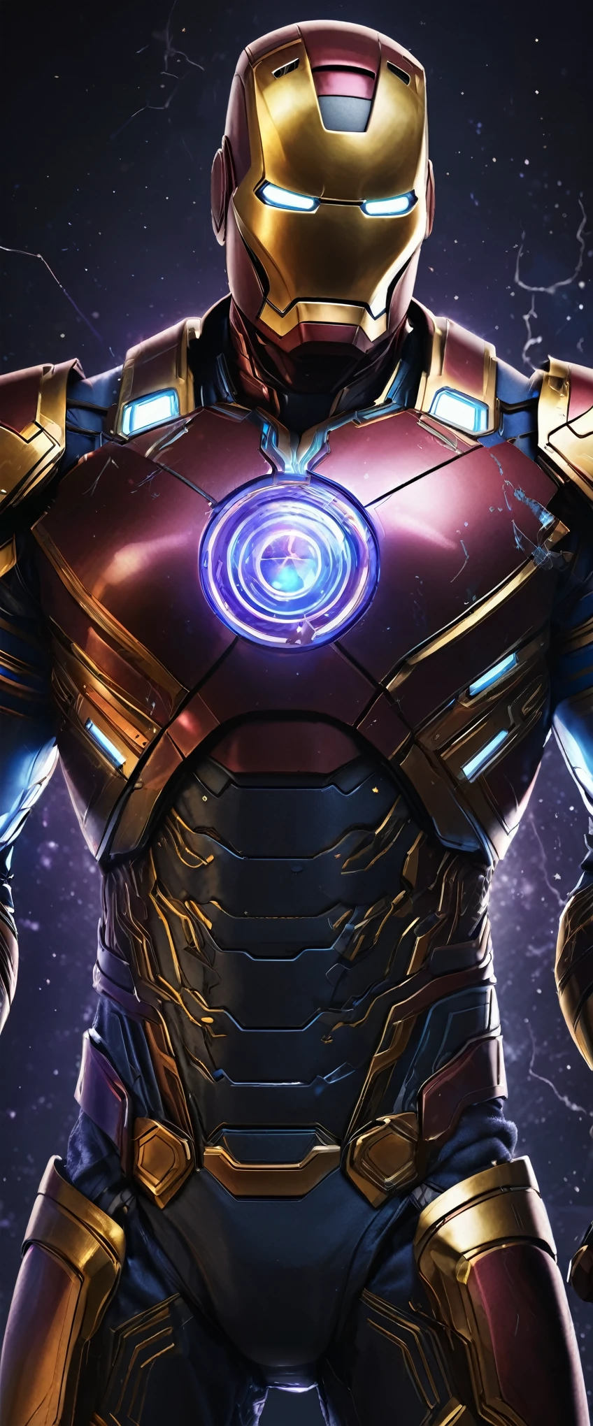 A breathtakingly realistic:1.0, hyper-realistic:1.2 illustration of Iron Man from Marvel, meticulously crafted with intricate detail. Adorned with the Infinity Stones and wielding Thor's legendary hammer, Mjolnir, the Iron Man suit gleams in gold, purple, and neon blue armor. Intricate designs adorn the armor's surface, with each line and curve carefully rendered. The Infinity Stones glow brightly on his chest, casting an ethereal light upon his metallic form. Thor's hammer seems to be seamlessly fused with the suit, its powerful cosmic energy emanating from the illustration. (In the background the Avengers symbol outlined and etched in white plasma:1.2).