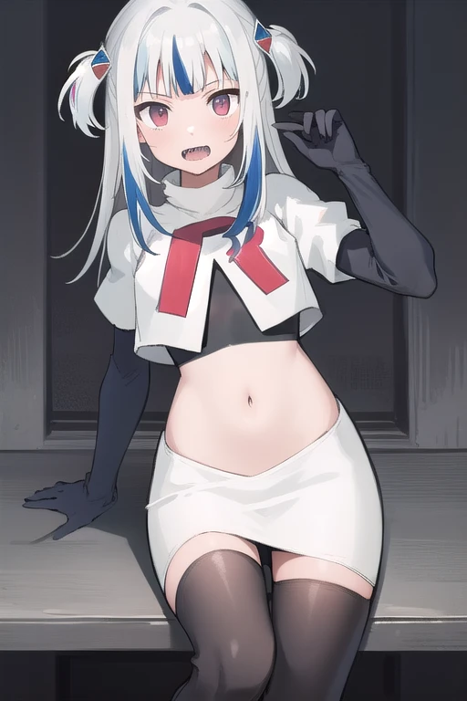 gawr gura, 1girl,solo, small breasts, gray hair, hair ornaments,two side up, streaked hair, sharp teeth, team rocket,team rocket uniform,white skirt,red letter R,crop top,black thigh-highs,black elbow gloves