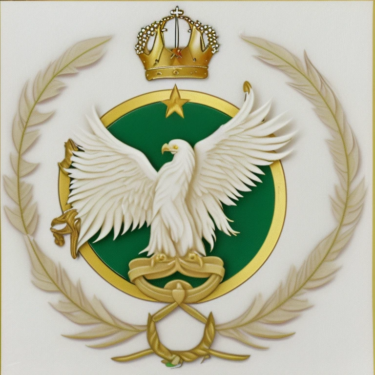 Bandera mitad blanco y mitas beige, with a golden phoenix with a crown in the center, a sus lados ramas de hojas verde esmeralda, and this image with a small white margin