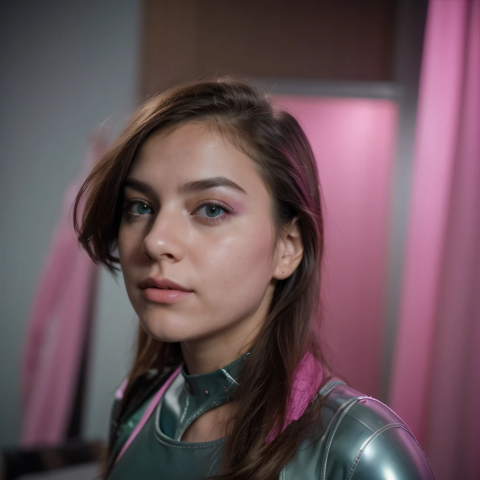 Photo of a college student, Purple Pink, Futuristic space suit, (freckle:0.8) Cute face, Science Fiction, Dystopia, Delicate eyes, Green pupils（（side view））