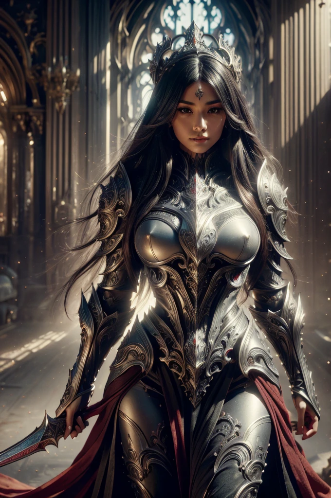 beautiful detail, best quality, 8k, highly detailed face and skin texture, high resolution, big tits black long hair girl in silver armor standing infront of castle, medieval europe, fantasy, full body, sharp focus