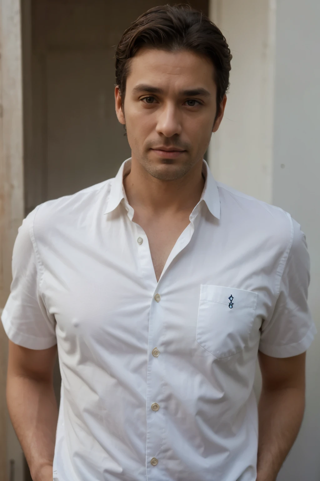 38-year old man, atractivo, ojos verdes, barva, Arabic, camisa azul , chestnut, piel blanca, elegante