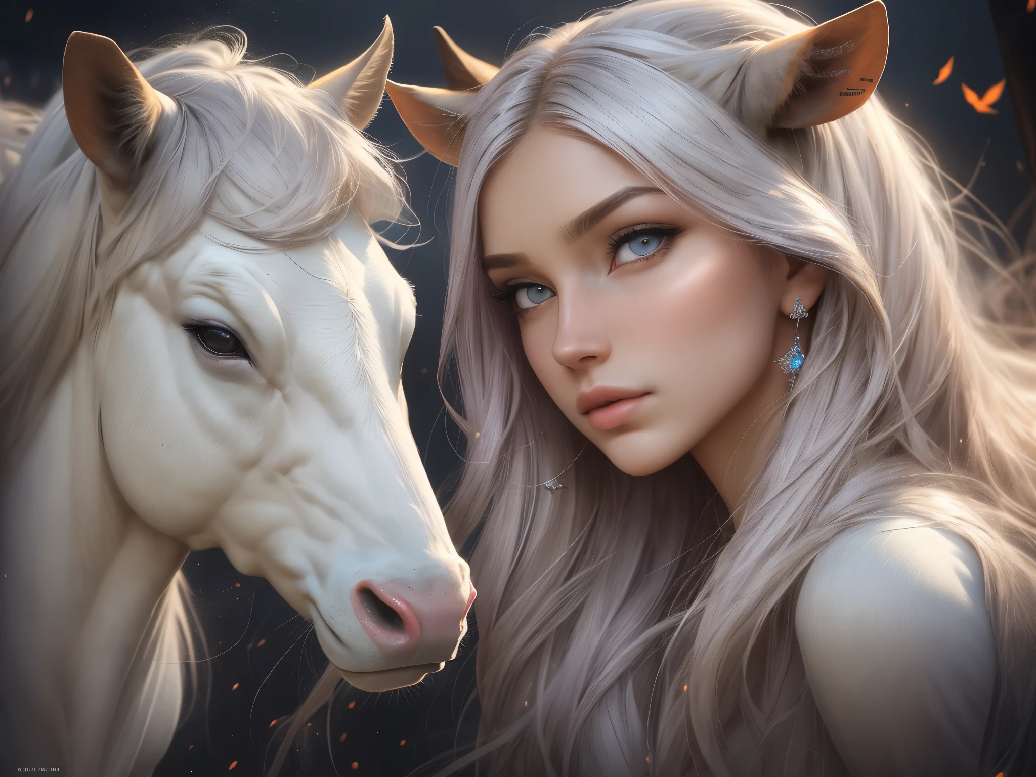 (((masterpiece))), (((best quality))), ((ultra-detailed)),(highly detailed CG illustration), ((an extremely delicate and beautiful)), cinematic light. This image is highly detailed, semi-realistic fantasy art with beautiful shimmer, glimmer, and glitter. Create a beautiful and graceful fantasy cow-unicorn woman. The woman should have the best features of both unicorns and cows. The woman is cute and graceful and elegant. Her eyes are highly detailed, with realistic shading and realistic details. Her fur is beautiful and shimmering.