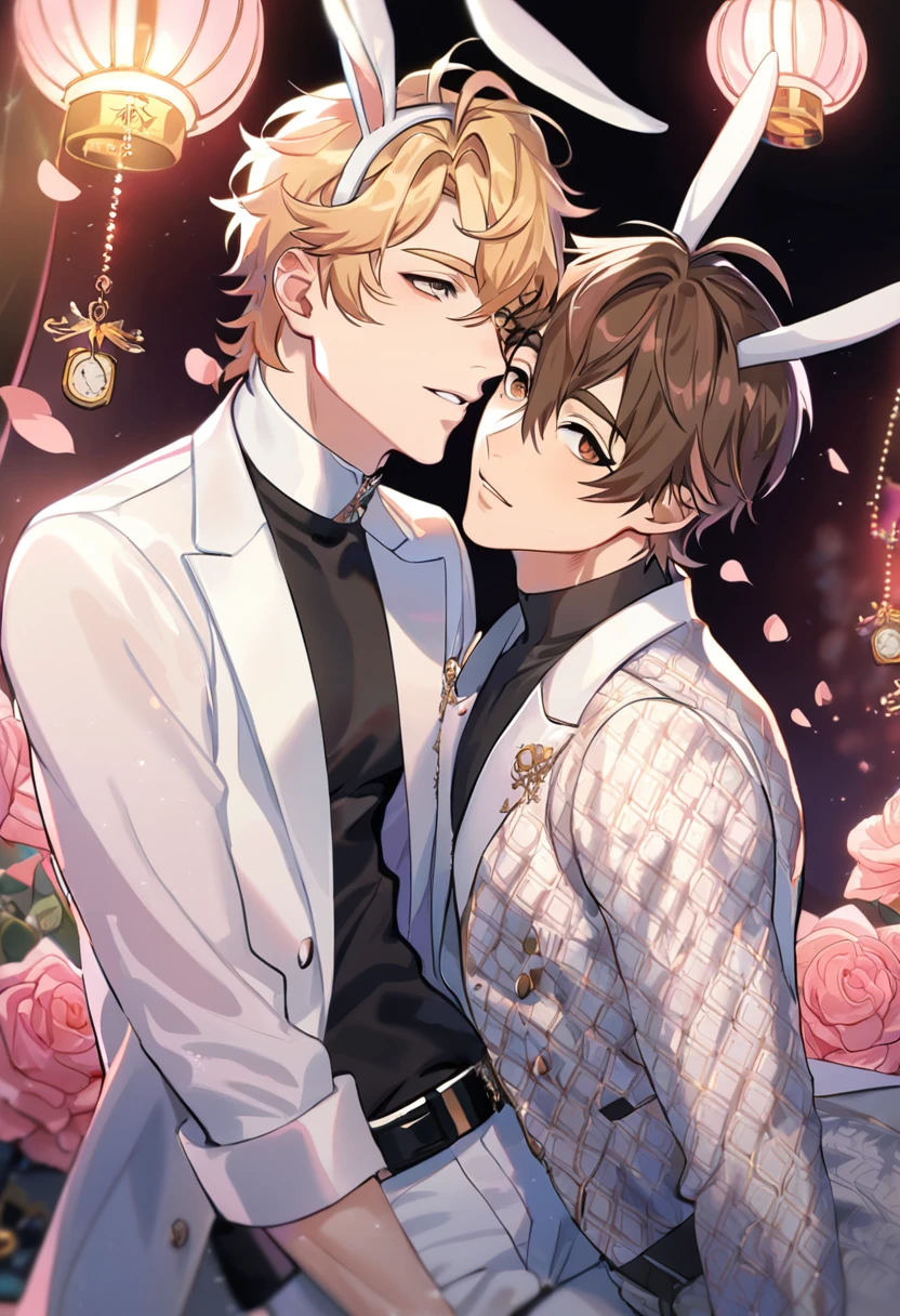 absurdres, highres, ultra detailed, HDR, master piece, best quality, perfect face, beautiful eyes, delicate features, Quincy, blond messy hair, expressive amber eyes, Nu Carnival, Eiden, brown hair, expressive brown eyes, two men together, gay couple, handsome, white bunny ears, white bunny tail, white coat, black shirt, black belt, patterns, in wonderland, clock, pink roses, pink petals, pink lanterns