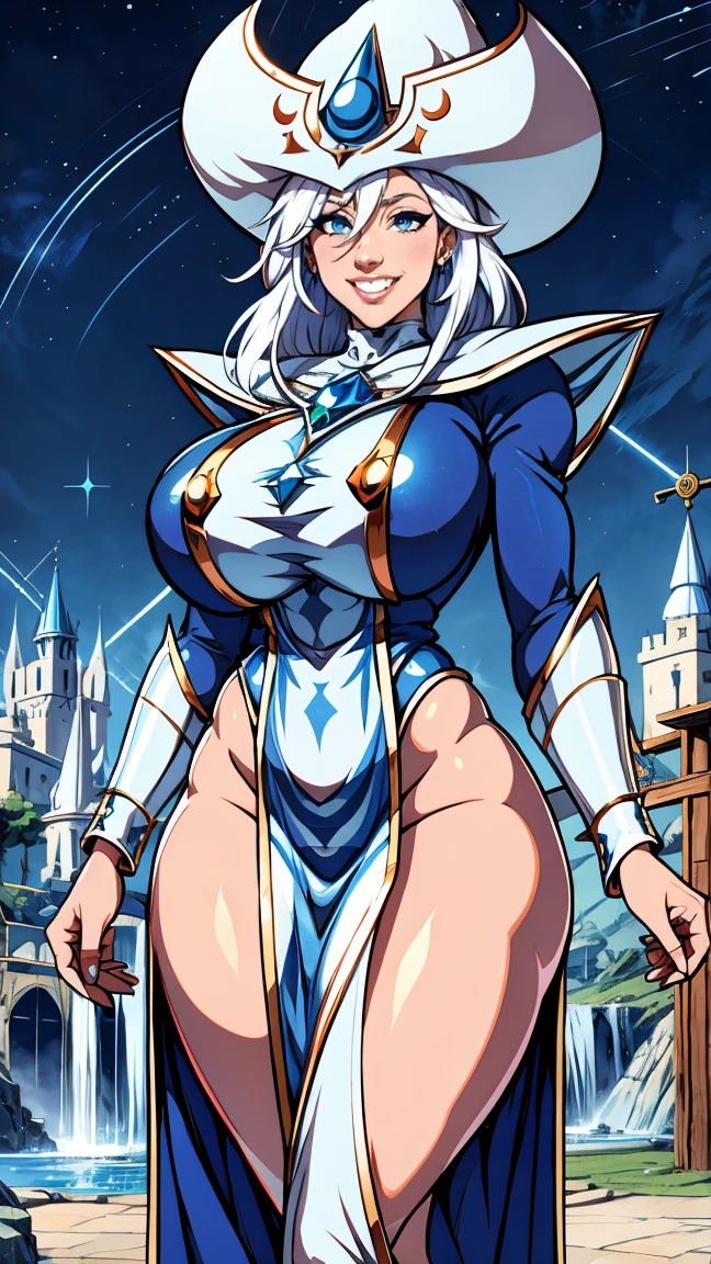 Silent magician, ropa apretada, poca piel visible, (( ruborizada, sonrisa)), pelo largo, cabello blanco, (( white hair)), sombrero blanco, Skinny body, chubby girl, big sagging , monstruo de duelo, Iparuputsua, de pie en la entrada de un castillo, magic world background, mundo medieval .