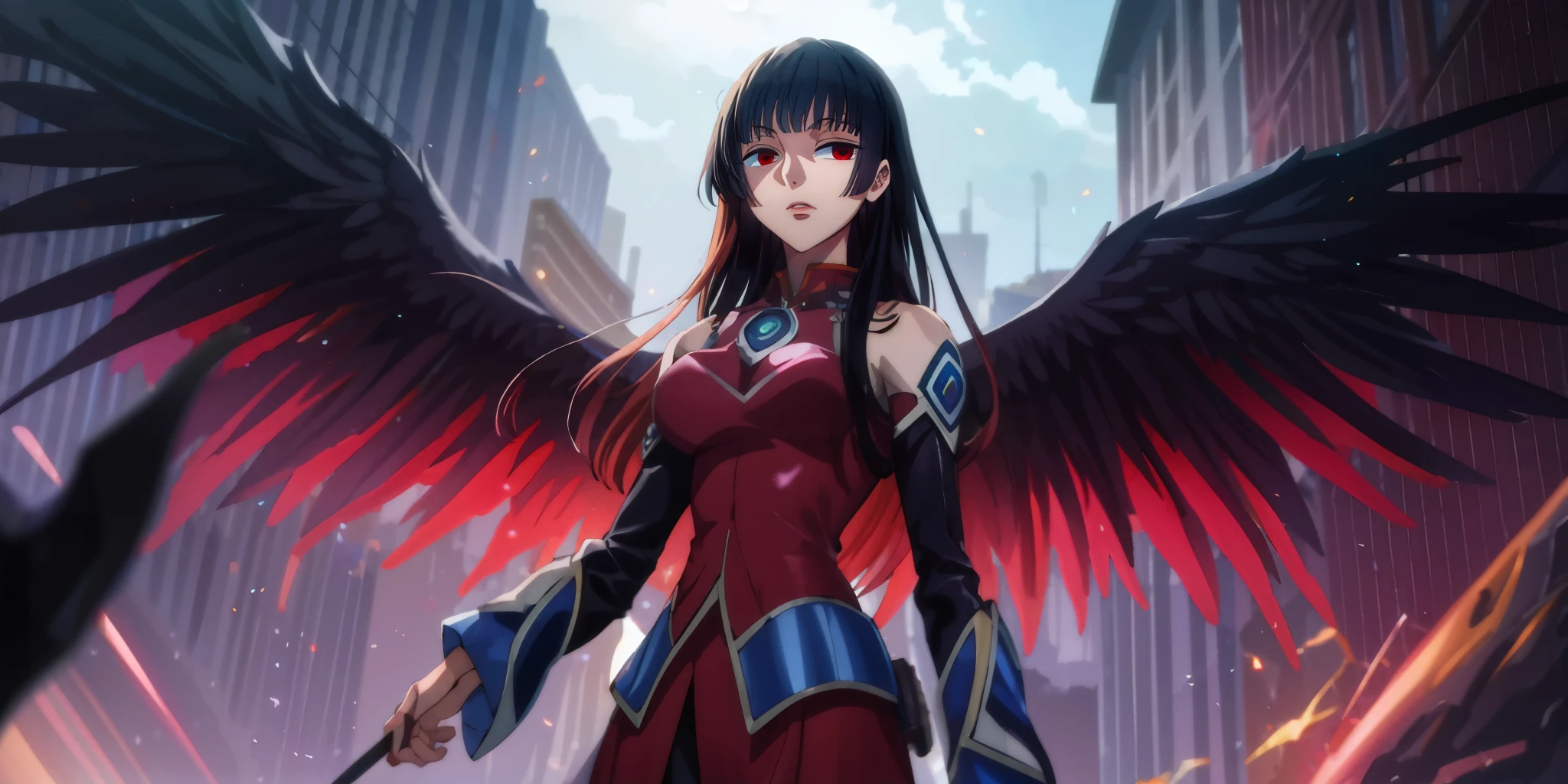 black hair, long hair, ichihara_yuuko, red eyes, curvy, anatomically correct, heavy breathing, huge breasts,1girl, solo, breasts, wings, looking_at_viewer, medium_breasts, sleeveless, black_wings, pink bodysuit,shrug \(clothing\),long sleeves, BREAK, standing, outdoors, sky, glow effects, godrays, Hand drawn, render, 8k, octane render, cinema 4d, blender, dark, atmospheric 4k ultra detailed, cinematic, Sharp focus, big depth of field, Masterpiece, colors, 3d octane render, 4k, concept art, trending on artstation, hyperrealistic, Vivid colors, extremely detailed CG unity 8k wallpaper, trending on CGSociety, Intricate, High Detail, dramatic", (shaded face:1.2), hollow eyes, red eyes, looking at viewer, (heavy breathing:1.2), emotionless, lips,
