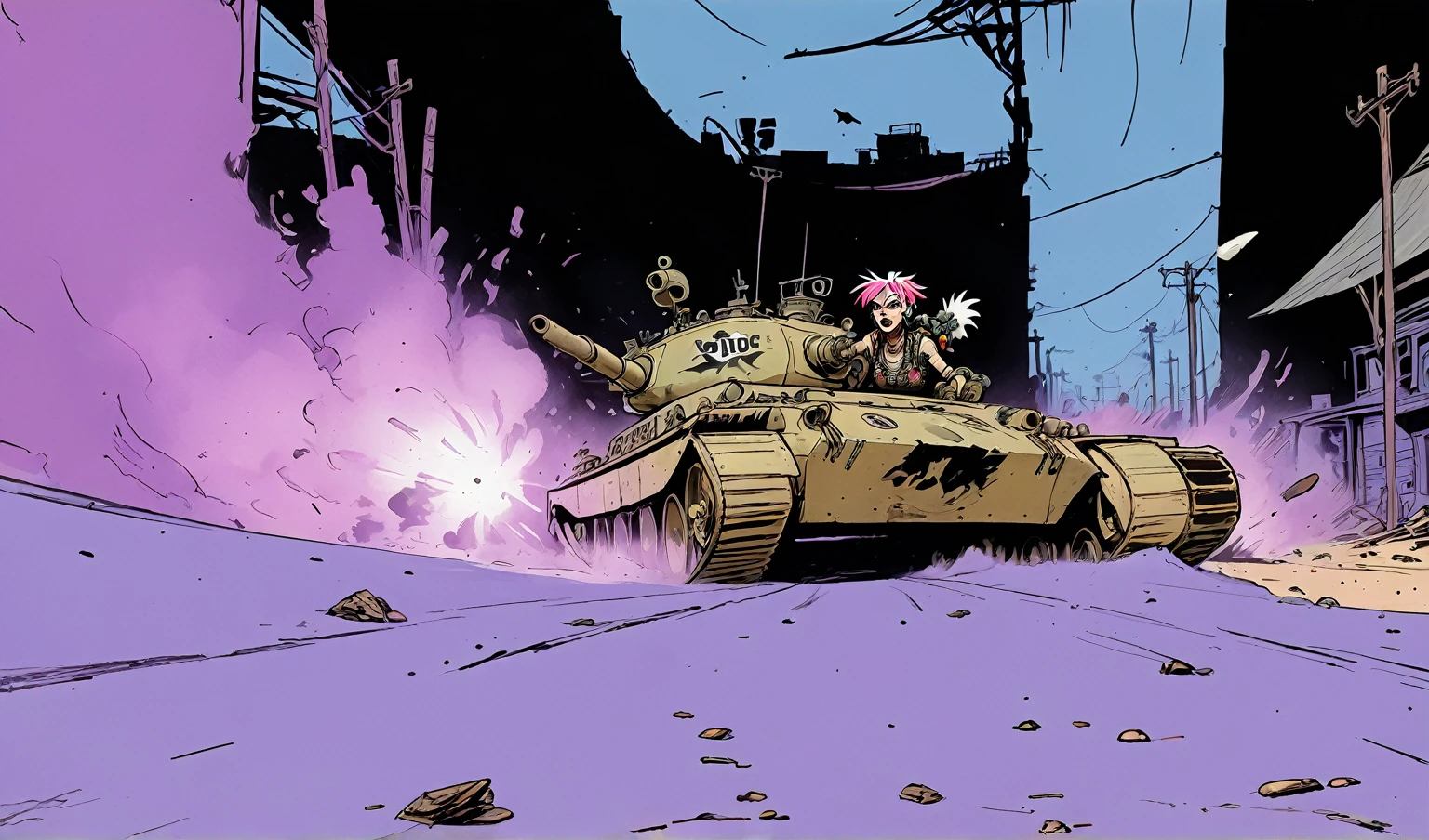 (Tank Girl) videogame, dive into the game world of outlaws in post-apocalyptic Australia desert. rich color hues, cel shading, joelle jones style reference, bold expressive ink lines, sense of speed and movement, tank girl in motion on her high speed tank, drifting across the sand causing dirt to kick up into the air