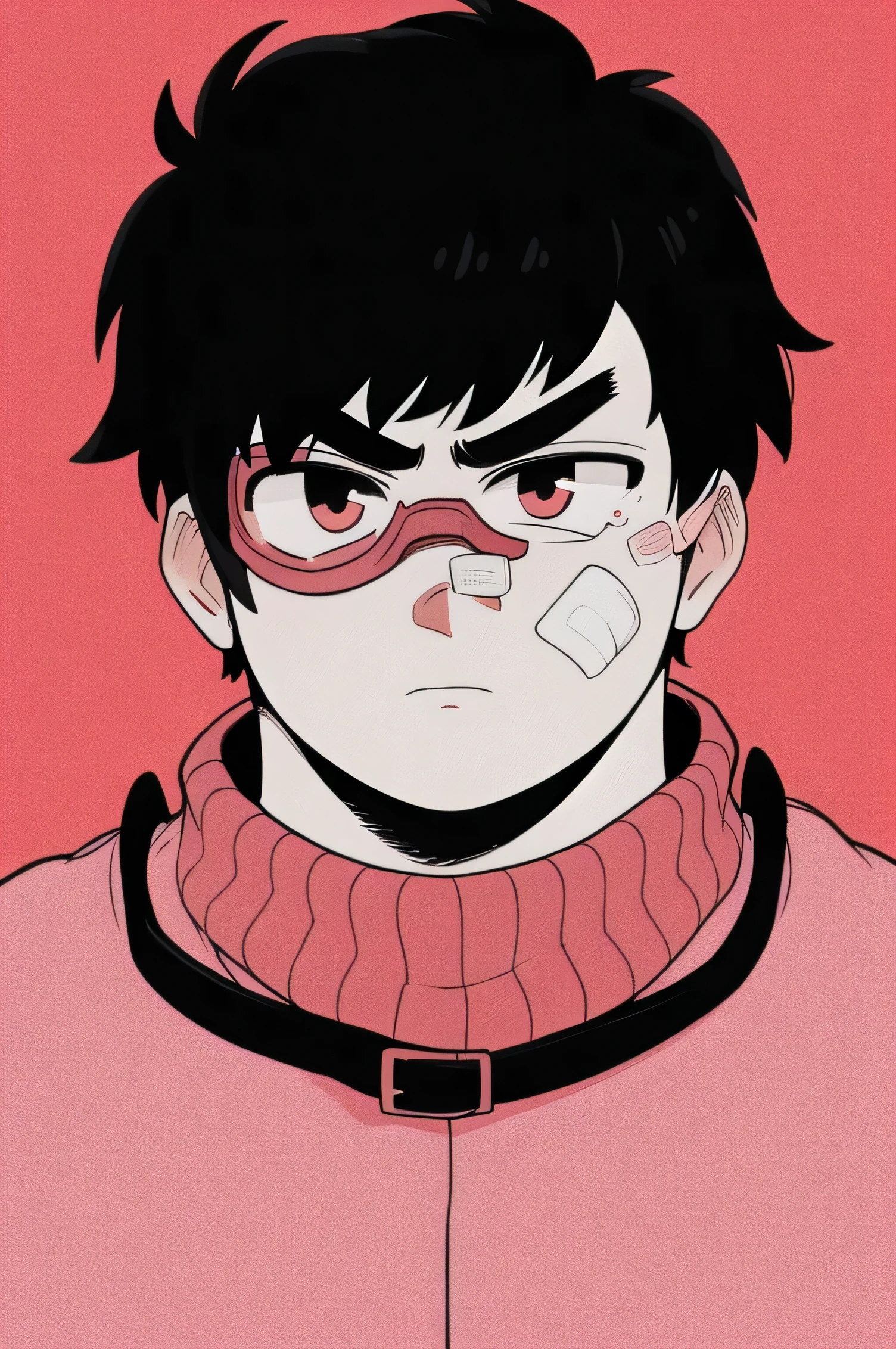 1Fat young man, solo, serious expression, short hair, bangs, simple background, closed mouth,black hair, jacket varsity, male focus,  turtleneck, h, red background, goggles, portrait, bandaid, bandaid on face,limited palette, pink theme, 