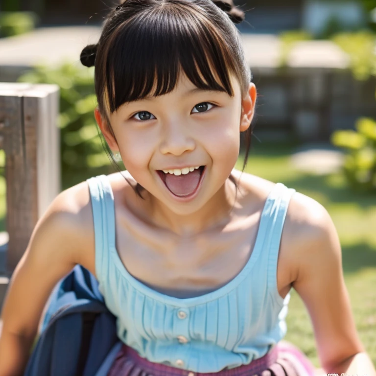 Japanese,10 years old,Summer clothes,Tank top,skirt,look up,Please open your mouth,Stick out your tongue cutely,Showing tongue,cute,Twin bun hairstyle