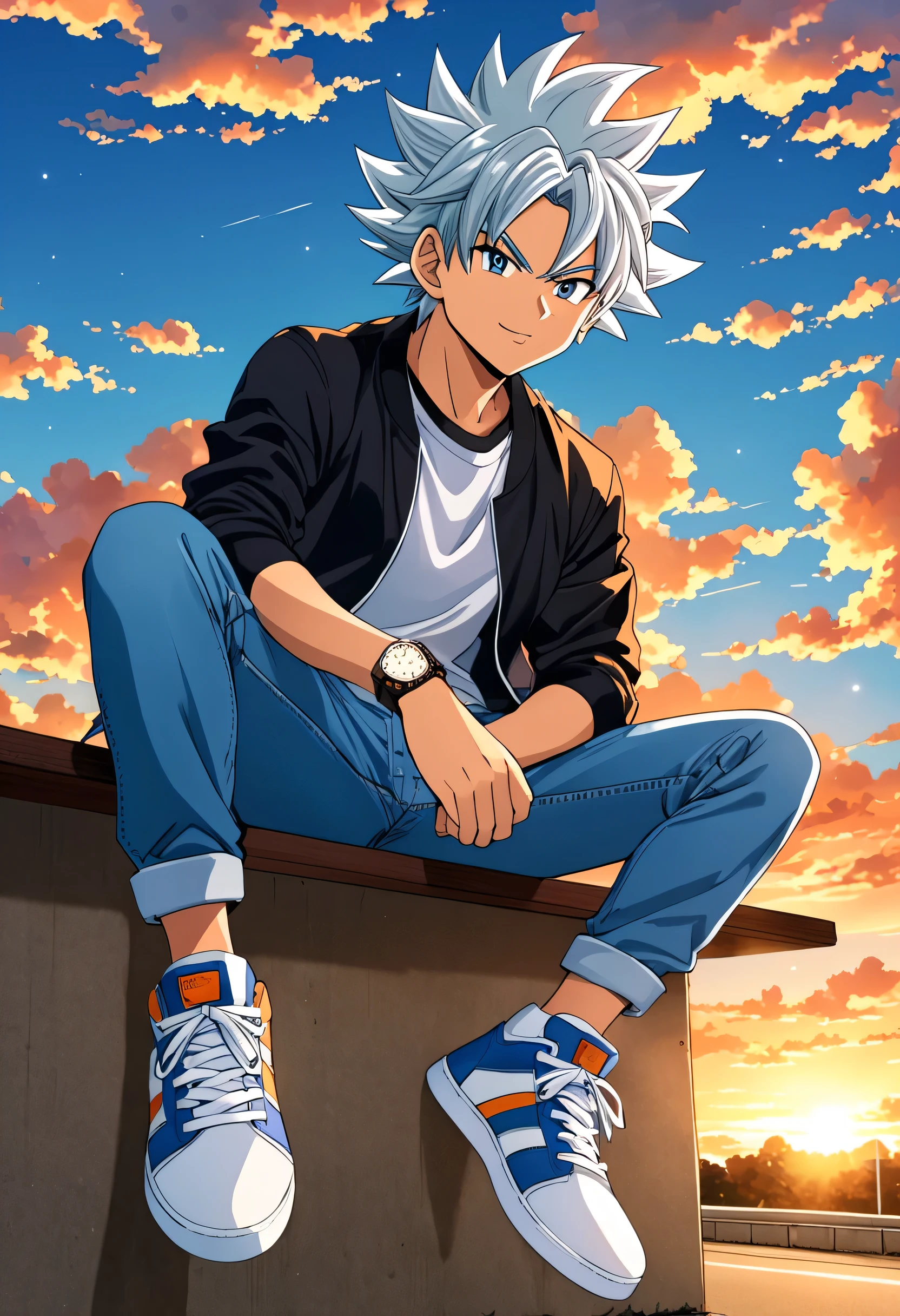 Estilo anime ,Um homem adulto chamado Goku cabelos branco, e olhos cor de chumbo vibrantes,usando uma jaqueta jeans,Wear sneakers,Com um colar,wristwatch,Sit on the bench by the road with Bulma in love,Look at the clouds in the sky ,Sunset and Sunset,Foto de corpo inteiro em close,ultra high definition, Anime estilo Akira toriyama , energia amarela fluindo pelo seu corpo