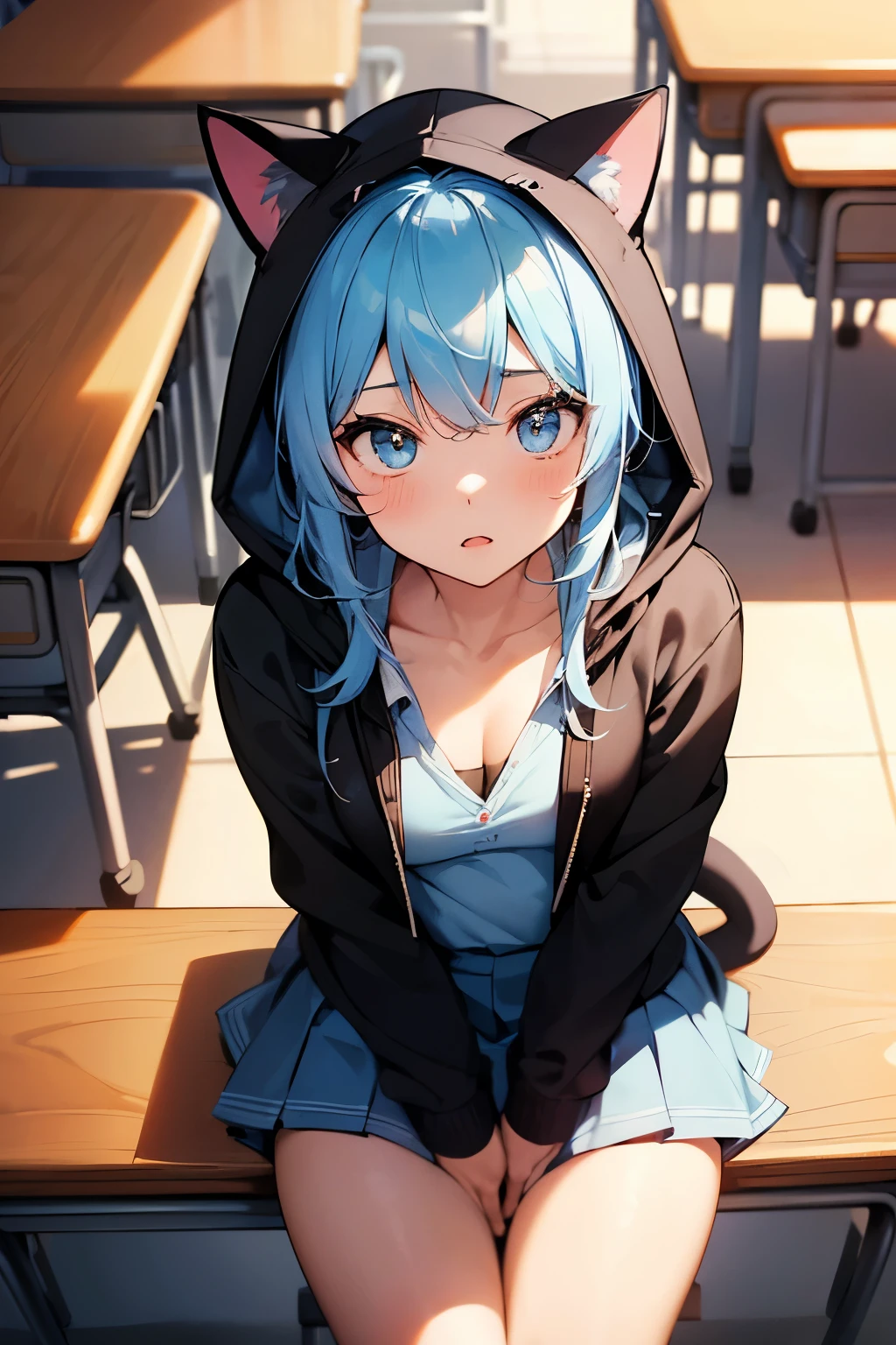 1 girl, , UHD, retina, masterpiece, Accurate, anatomically correct, rough skin, Super detailed, advanced details, high quality, Award history, 最high quality, High resolution, hd, 4k,(anime,8K,masterpiece, 最high quality, 最high quality,beautiful and aesthetic:1.2,professional illustration:1.1,Super detailed:1.3,perfect lighting),very detailed,most detailed,High resolution,cute pose，(embarrassing:1.5)，light blue hair，classroom，(wear uniform inside:1.9)，(school uniform:1.9)，(black hoodie:1.5)，(Hoodie with cat ear hood:1.5)，(open clothes:1.9)，(incoming kiss:1.5)，(face on focus:1.5)，(cowboy shot:1.5)，(from above:1.5)，(sit on a chair:1.5)，surprised、Hair Pink、cute