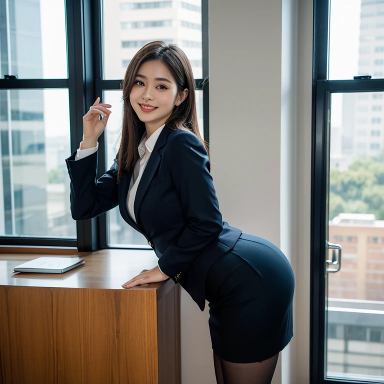 The face is a hostess、1 girl. Dressed in a navy blue business suit、skirt by the Black stockings、hiquality、hyper-realistic、healthy、Smiling expression、Slender perfect figure、big round hip, beautidful eyes、face perfect、Beautiful skin、from the rear、Background is an office on a high floor、by the window