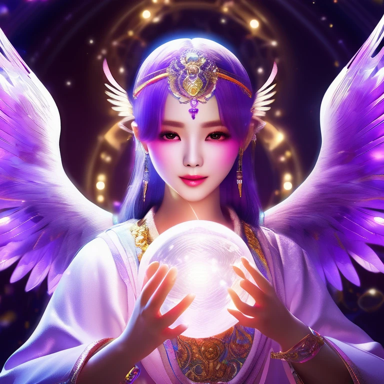 Purplish color、An angelic enchanting god with wings、Holding a glowing sphere in your hand Staring straight into the camera, in the center,Very bright color, Light Particles, The light shines, Musibu, Wallpaper Art, UHD Wallpaper、Background purple、Mysterious、Impersonal、cart、Upper body close-up、fortune teller