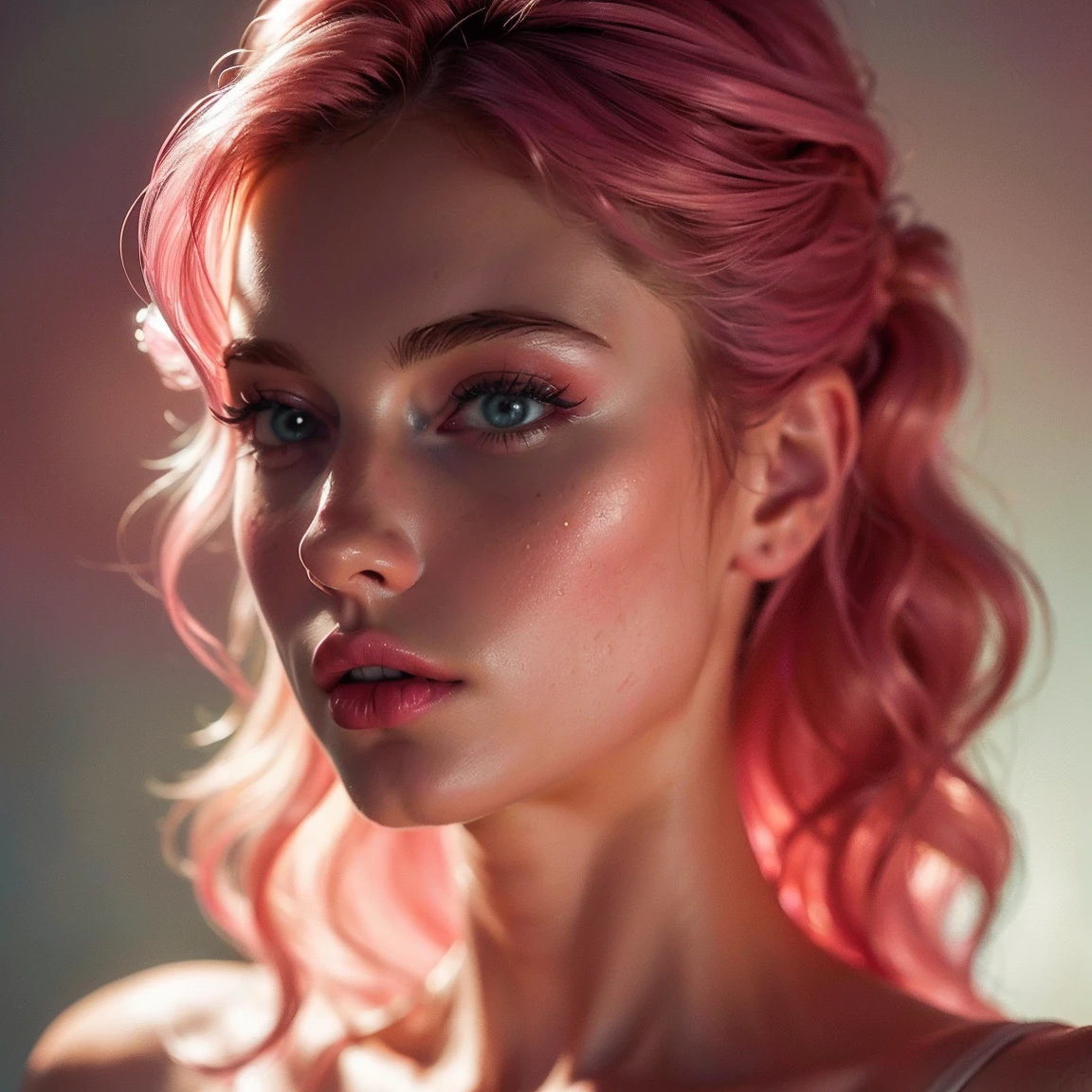 (((ultra realistic))) Photo, masterpiece, top quality, (pale skin), (Ultra detailed face and eyes:1.3), 1 girl, Adult, In Lifchik, ((Eye makeup, pink mascara)), ((large detailed lips)), ((pink wavy hair)), ((Stylish hairstyle)) , (Natural breasts), Slim waist. ((Posing, Hand on face)), photoshoot, Studio soft lighting, (The play of light and shadows), depth of field, bokeh, (special attention to skin detail: 1.2), Detailed leather texture, skin pores. (Airy atmosphere of the frame. Color range - delicate, Bright, Pink tones), UDR, ((Film grain)), ((rays)), (Glare), ((waist up portrait, close to the camera)) , ultra detialed,