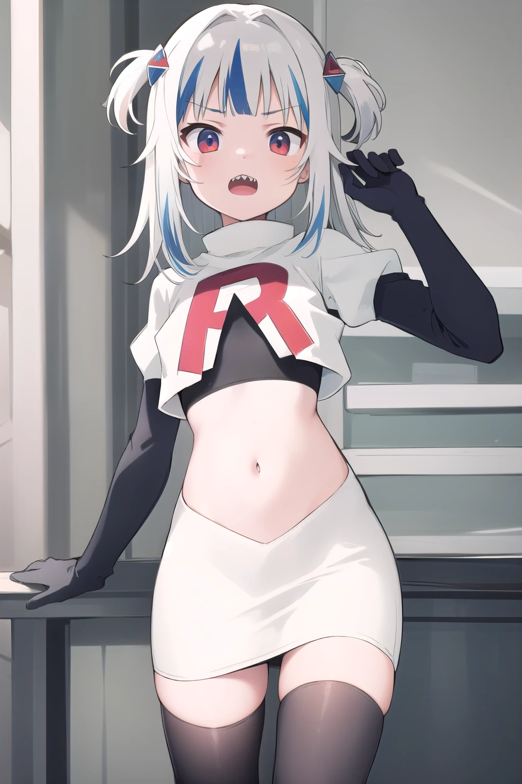 gawr gura, 1girl,solo, small breasts, gray hair, hair ornaments,two side up, streaked hair, sharp teeth, team rocket,team rocket uniform,white skirt,red letter R,crop top,black thigh-highs,black elbow gloves