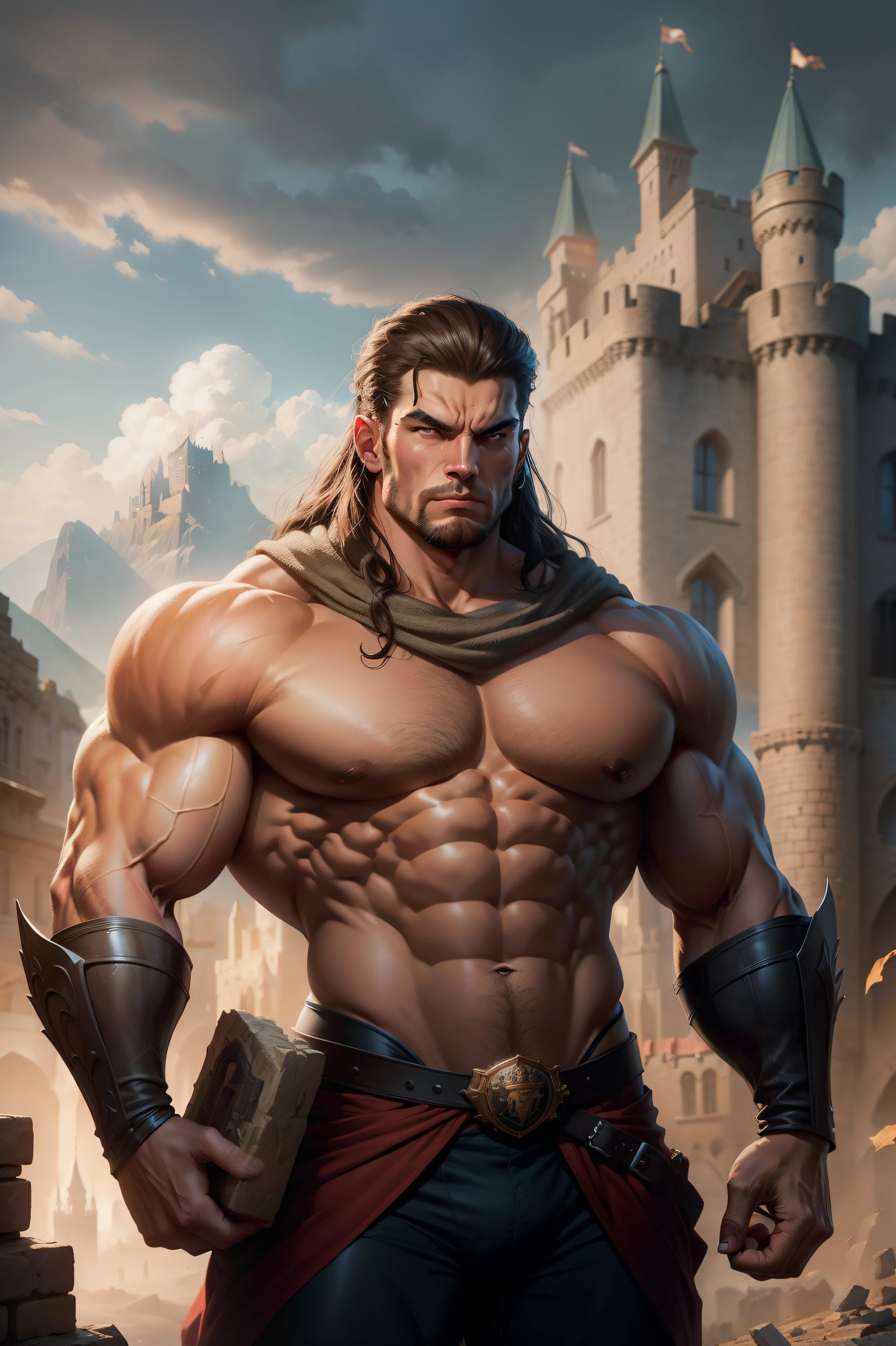 A drawing of a heroic muscular man, holding a building brick, background is a castle wall, com montanhas distantes, Humor is strength, empreendimento, bravura, poder, luz diurna, Design de personagem, arte de Mark Ryden, Greg Simkins, Jason Limão, Dan Quintana.
