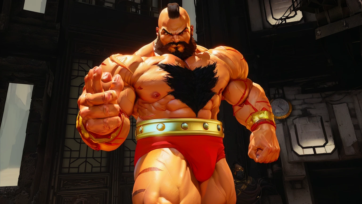 a man with a beard and a golden belt, fighting game character, street fighter 5,muscled humanoid,heavy looking,buff man,wrestler,Red briefs,capcom,zangief,street fighter,shirtless,muscular male,chest hair,visually weighty,bearded man,mohawk hair