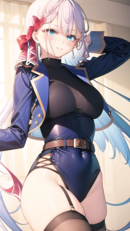 ((Obra maestra)),(mejor calidad),arte oficial,CG extremadamente detallado,fondo de pantalla de unidad 8k,ultra detallado,hermosos ojos detallados,cara extremadamente detallada,al aire libre,1 chica,solo,tiro de vaquero,mirando al espectador,frente al espectador,sonrisa,cristian liseria,cabello muy largo,pelo blanco,lazo de pelo derecho,Arco rojo,flequillo trenzado,pendientes,pelo entre los ojos,blue eyes,joyas,uniform,(Chaqueta azul),chaqueta abierta,cuello de ala,corbata negra,Camisa blanca,camisa de cuello,camisa de vestir,mangas largas,pechos grandes,cruzado,white belt,mini falda,(falda azul),falda de cintura alta,muslos negros,correas de liga,zettai ryouiki,calzado negro,