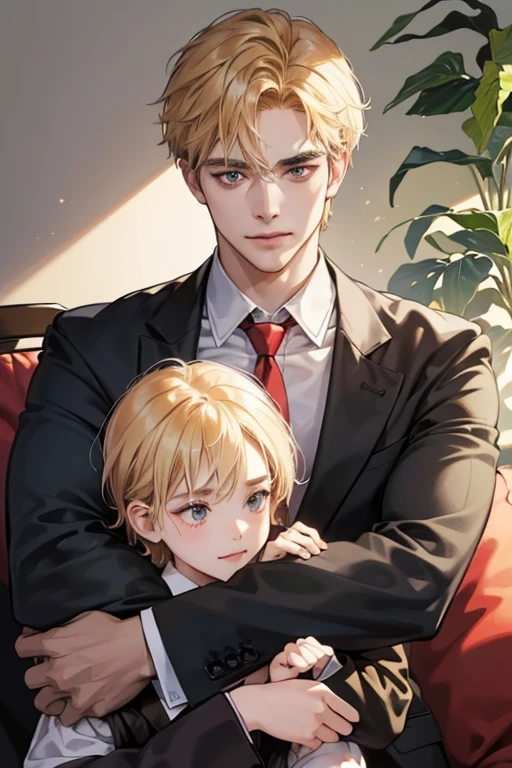 (masutepiece, Digital Art, Digital Illustration, 4K, 8K, Ultra-detailed, beautiful image, Sharp Image, Photorealistic, Raw photo, Perfect face, Perfect lines, Perfect eyes, Soft lighting) 1 male human, (a blond77,Brown eyes,hair between eye,hair messy,short-hair,deadpan,Goofy face,Parallel eyebrows,Narrow-eyed,kindly smile,ember,28 years old:1.3),Handsome men, (ember,Business Shirt,neck tie,Thin macho,Firm shoulder width,Adult male:1.2),small plants,Sleepy face,Frantically opening your eyes,Loosen your tie,5 minutes before work,Living alone in a 1LDK,Hairstyle check,inside in room,Simple sofa,Double sofa