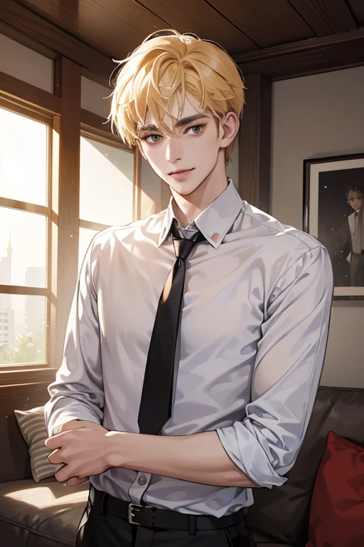 (masutepiece, Digital Art, Digital Illustration, 4K, 8K, Ultra-detailed, beautiful image, Sharp Image, Photorealistic, Raw photo, Perfect face, Perfect lines, Perfect eyes, Soft lighting) 1 male human, (a blond77,Brown eyes,hair between eye,hair messy,short-hair,deadpan,Goofy face,Parallel eyebrows,Narrow-eyed,kindly smile,ember,28 years old:1.3),Handsome men, (ember,Business Shirt,neck tie,Thin macho,Firm shoulder width,Adult male:1.2),small plants,Sleepy face,Frantically opening your eyes,Loosen your tie,5 minutes before work,Living alone in a 1LDK,Hairstyle check,inside in room,Simple sofa,Double sofa