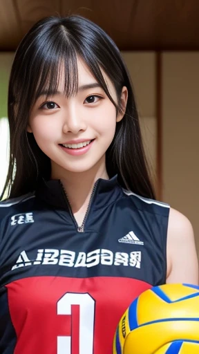 It captures a beautiful 24-year-old Japanese woman with the figure of a member of Japanese idol groups Keyakizaka46 and Nogizaka46.。She is a volleyball player。With a smile、The corners of the mouth are slightly turned up。Her natural charm and bright smile、It's overflowing from the photo。Her pose and charming smile、It fascinates the viewer。白色No sleeve。In the background、basketball、No sleeve、short hair、Her armpits are spread wide、Wearing a ponytail