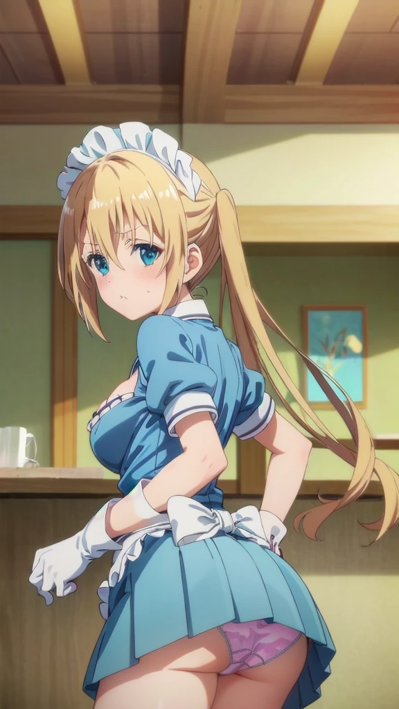 masterpiece, best quality, highres, kaho hinata, maid, maid headdress, waist apron, (blue shirt, blue skirt:1.2), short sleeves, white gloves, looking at viewer, crossed arms, pout, blush, cafe, (cleavage), (showing panties:1.3),(lean forward:1.3), (ass up), indoors
